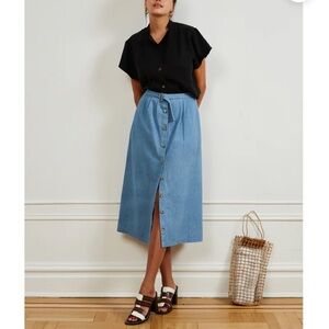 Loup Holly Blue Chambray Button Front A-Line Midi Skirt